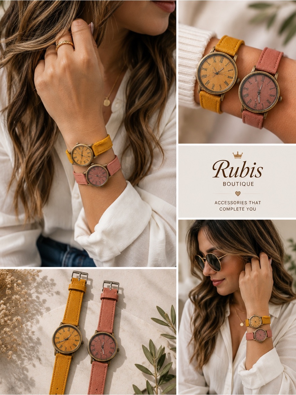 Women's Leather Strap Watch - Mustard and brown